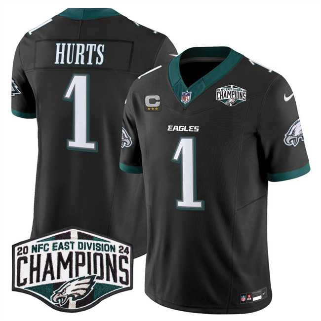 Mens Philadelphia Eagles #1 Jalen Hurts Black 2024 New NFC East Champions With 3-Star C Patch F.U.S.E. Vapor Untouchable Limited Stitched Jersey